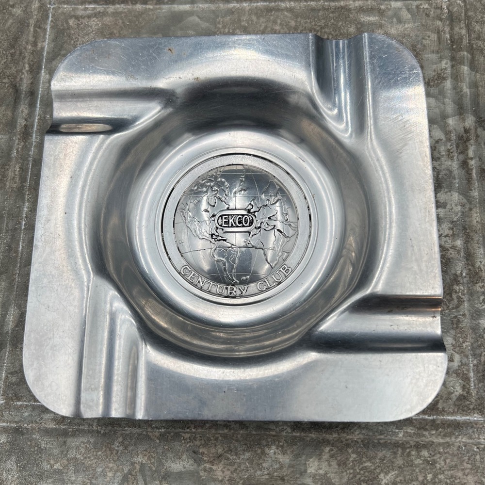 Vintage EKCO Century Club Metal Ashtray Silver Tone Globe Logo Made in Holland